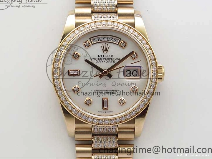 AAA Replica Watches on President A 2689 BP White ComfortFit Crystal Crystal Marker MOP RG Best Edition 128235 Dial Day-Date Bracelet RG 36mm 1218